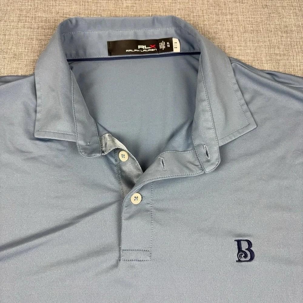 RLX Ralph Lauren Polo Shirt Mens XL Blue Polka Dot Stretch Golf Short Sleeve